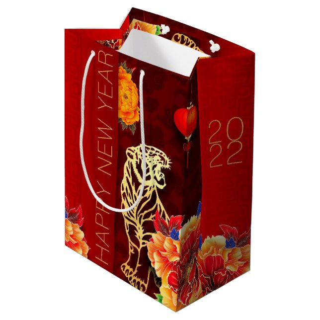 Sac Cadeau Moyen Chinois Tiger coupé en papier Peonies Nouvel An 20 (Dos Angle)