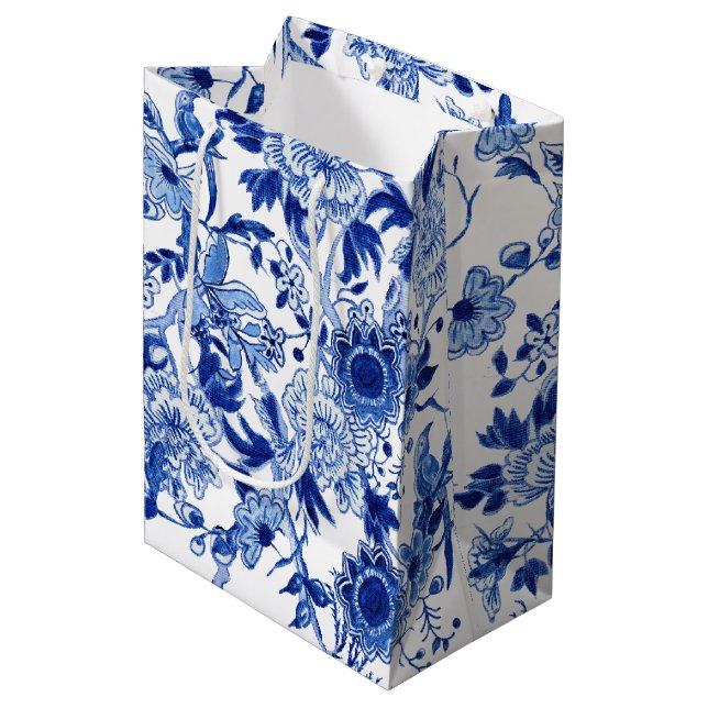 Sac Cadeau Moyen Chinoiserie Oiseau Floral Bleu Blanc Influence asi (Devant Angle)