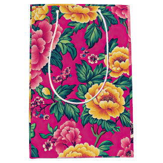 Sac Cadeau Moyen Chinoiserie rose et jaune brillant Floral