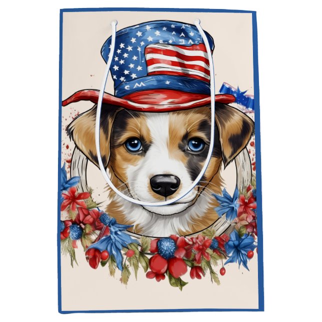Sac Cadeau Moyen Chiot patriotique 4 juillet fête de l'indépendance (Devant)