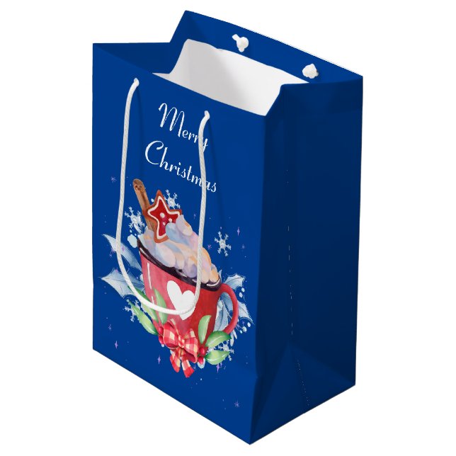 Sac Cadeau Moyen Chocolat chaud de Noël en bleu (Devant Angle)