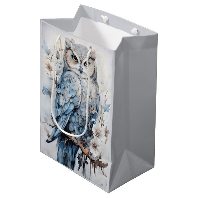 Sac Cadeau Moyen Chouette Bleue En Filiale Noël (Devant Angle)