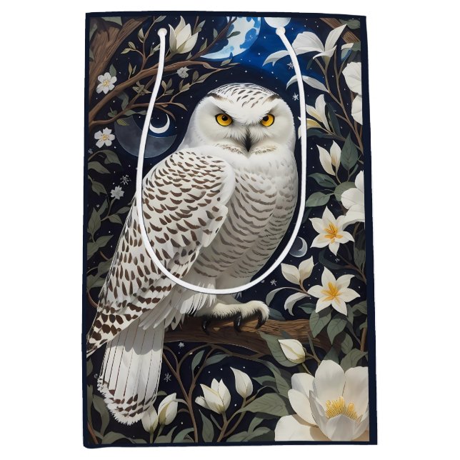 Sac Cadeau Moyen Chouette neigeuse Moonlight Moonflowers (Devant)