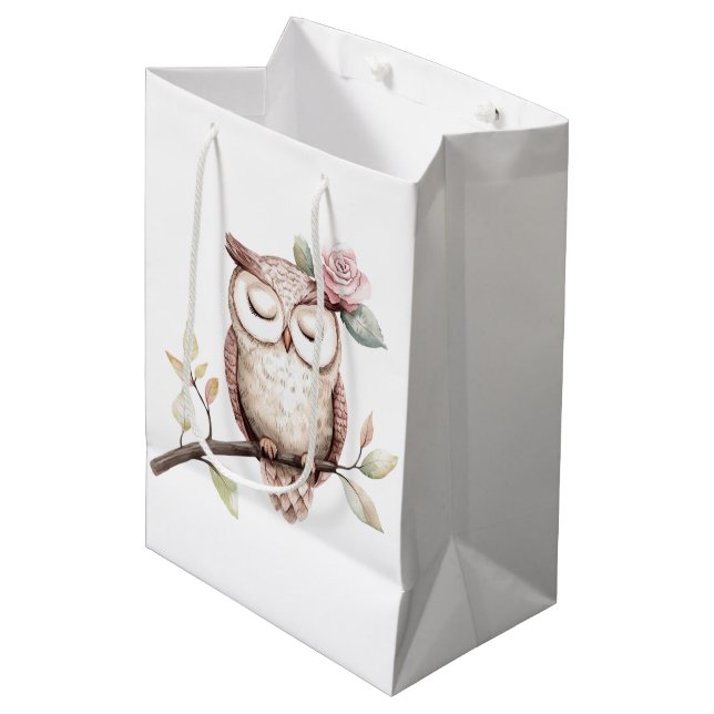 Sac Cadeau Moyen Chouette rose enchantée Anniversaire (Devant Angle)