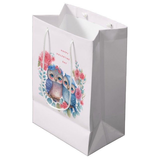 Sac Cadeau Moyen Chouettes amoureuses assis sur une branche d'arbre (Devant Angle)