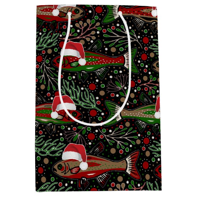 Sac Cadeau Moyen Christmas Fish in Santa Hats Red and Green Trout (Devant)