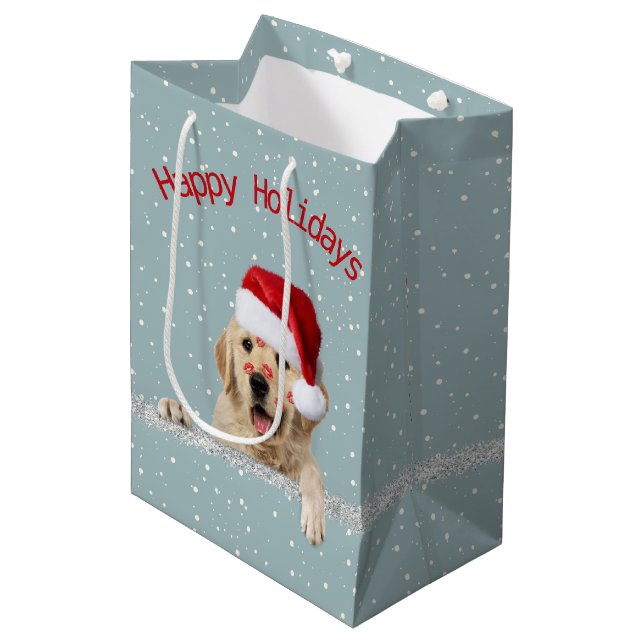 Sac Cadeau Moyen Christmas Golden Retriever Avec Libstick M'Embrass (Devant Angle)