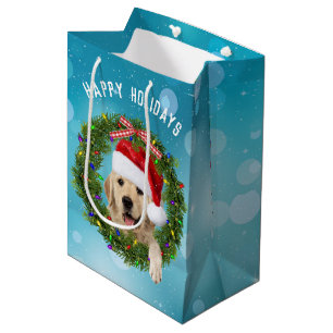 Sac Cadeau Moyen Christmas Golden Retriever sur aqua bokeh