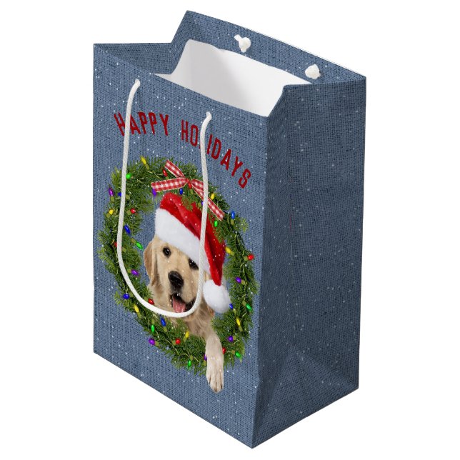 Sac Cadeau Moyen Christmas Golden Retriever sur denim (Devant Angle)