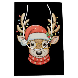 Sac Cadeau Moyen Christmas Reindeer Xmas Lights Glasses Santa Hat
