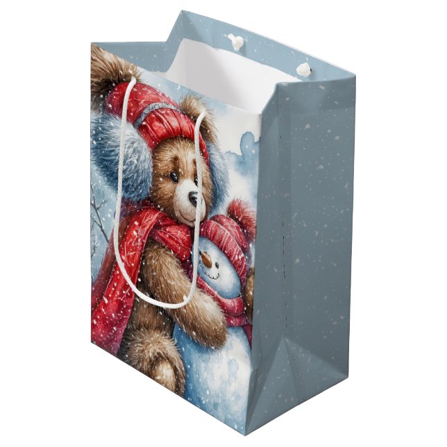 Sac Cadeau Moyen Christmas Teddy Bear et Snowman (Devant Angle)