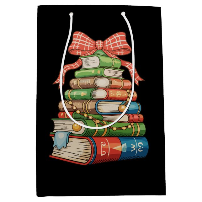 Sac Cadeau Moyen Christmas Tree Books Bow Reading Librarian Teacher (Devant)