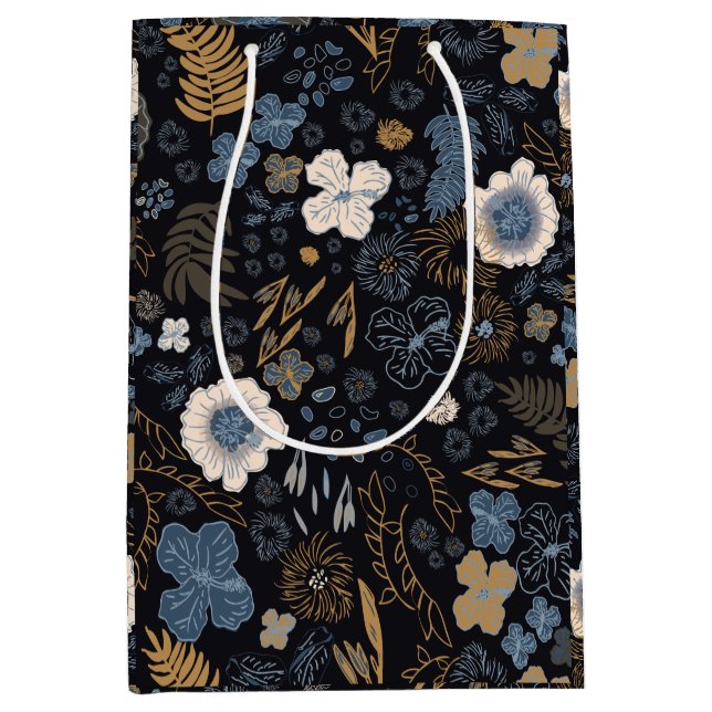 Sac Cadeau Moyen Christmas Tropical Coastal Blue Hibiscus Floral  (Devant)
