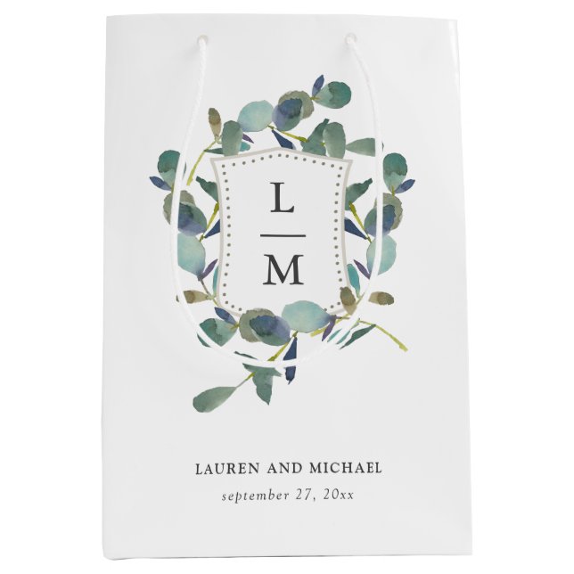 Sac Cadeau Moyen Cimier d'Eucalyptus | Mariage aquarelle et monogra (Devant)