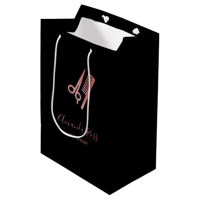 Sac Cadeau Moyen Ciseaux en or rose et peigne noir (Devant Angle)
