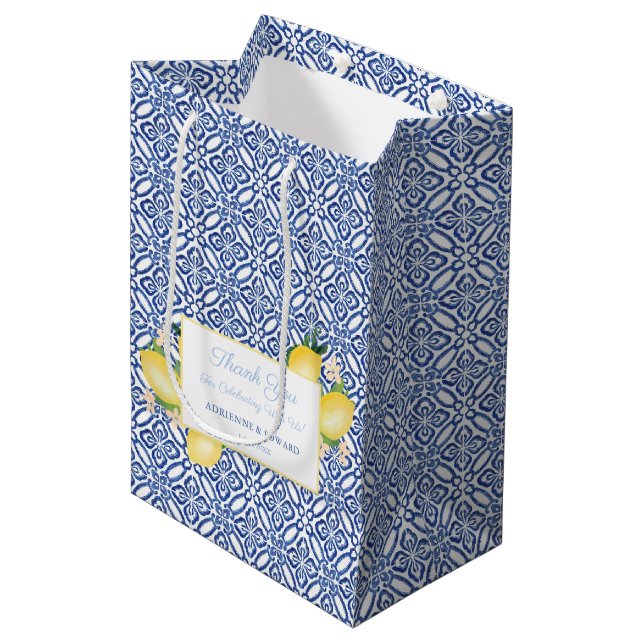 Sac Cadeau Moyen Citrons siciliens Carreaux bleus Mariage Favoriser (Devant Angle)