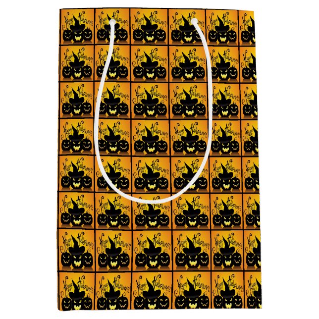 Sac Cadeau Moyen Citrouilles de Black Happy Halloween (Devant)
