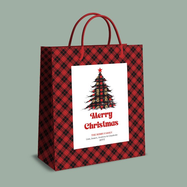 Sac Cadeau Moyen Classic buffalo plaid Christmas bag editable name (Classic buffalo plaid Christmas bag editable name)