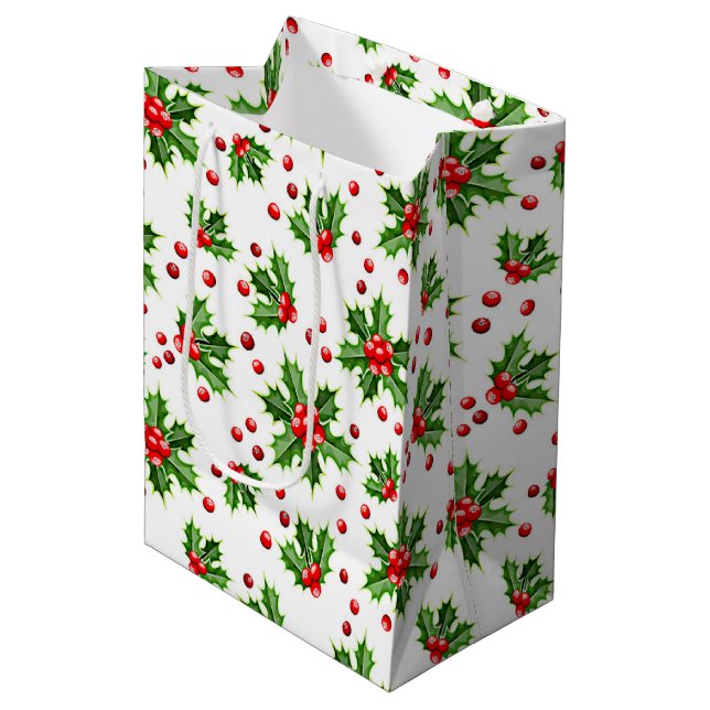 Sac Cadeau Moyen Classic Holiday Green Holly Red Berries (Devant Angle)