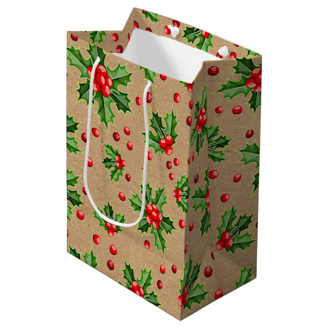 Sac Cadeau Moyen Classic Holiday Green Holly Red Berries (Devant Angle)