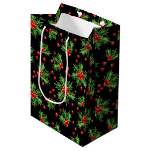 Sac Cadeau Moyen Classic Holiday Green Holly Red Berries Motif