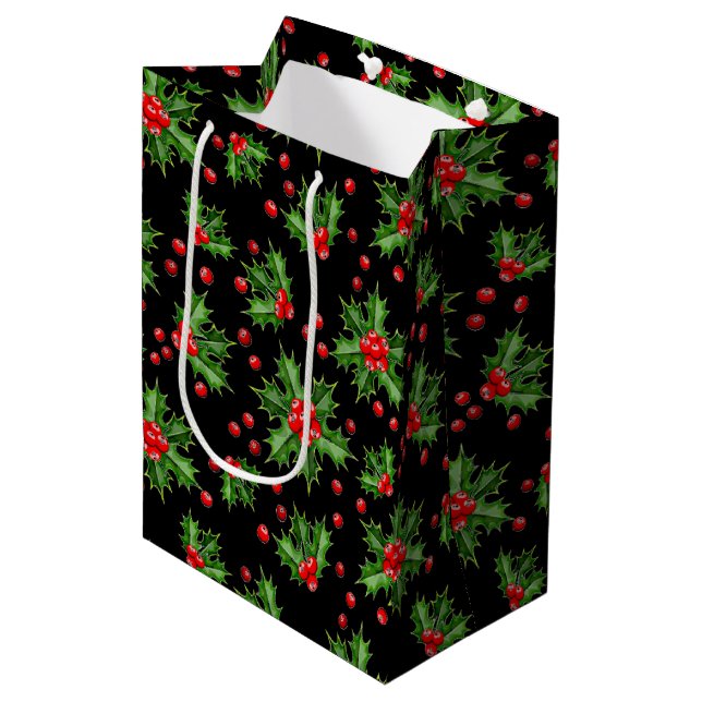 Sac Cadeau Moyen Classic Holiday Green Holly Red Berries Motif (Devant Angle)