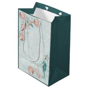 Sac Cadeau Moyen Coastal Chic   Turquoise Green et Coral Reef Party