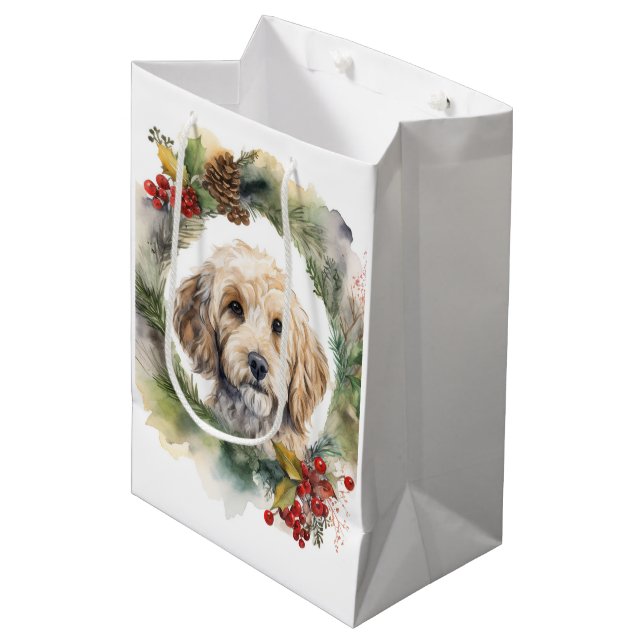 Sac Cadeau Moyen Cockapoo Christmas Wreath Festive Pup (Devant Angle)