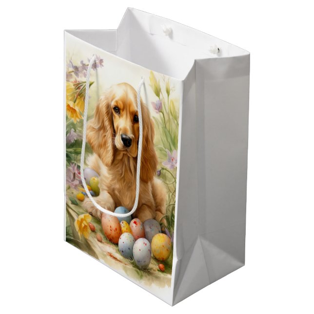 Sac Cadeau Moyen Cocker Spaniel avec Oeufs de Pâques Fêtes (Devant Angle)