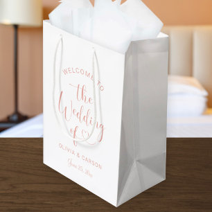 Sac Cadeau Moyen Cœur en Or Rose Script Bienvenue Mariage