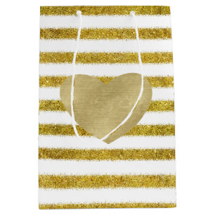Sac Cadeau Moyen Coeur Gold et White Chic Stripes
