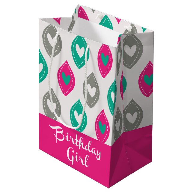 Sac Cadeau Moyen Coeurs colorés Motif Anniversaire Fille (Devant Angle)