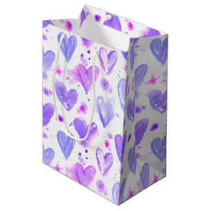 Sac Cadeau Moyen Coeurs d'aquarelle passion violet