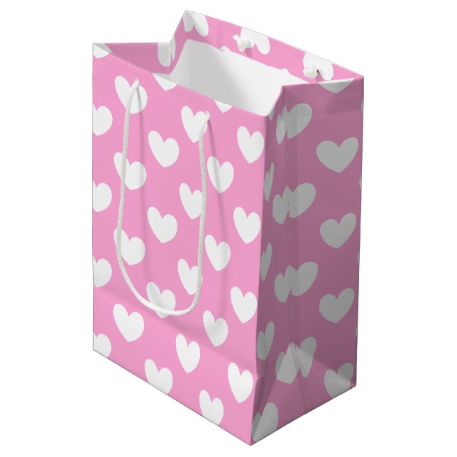 Sac Cadeau Moyen Coeurs de polka blanc sur Cotton Candy rose (Devant Angle)