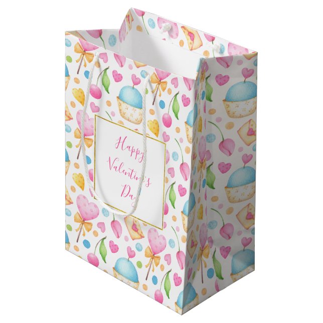 Sac Cadeau Moyen Coeurs et Cupcakes Motif d'aquarelle Valentine's (Devant Angle)