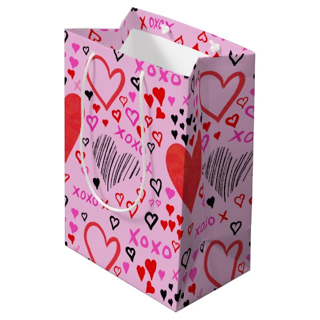 Sac Cadeau Moyen Coeurs, papier Motif rose XOXO (Dos Angle)
