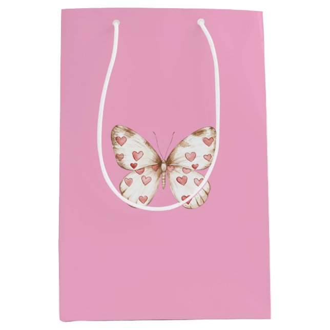 Sac Cadeau Moyen Coeurs papillon rose fille Anniversaire (Devant)