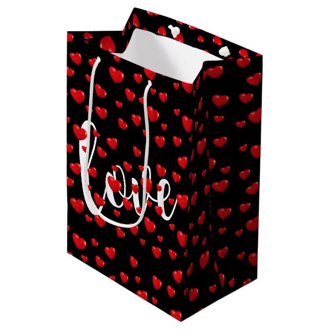 Sac Cadeau Moyen Coeurs rouges et amour sur le noir (Devant Angle)