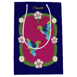 Sac Cadeau Moyen Colibris colorés. Bleu Foncé