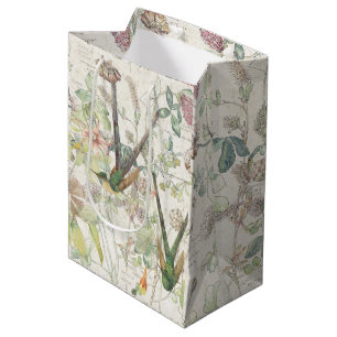 Sac Cadeau Moyen Collage de fleur sauvage de trèfle d'oiseaux de