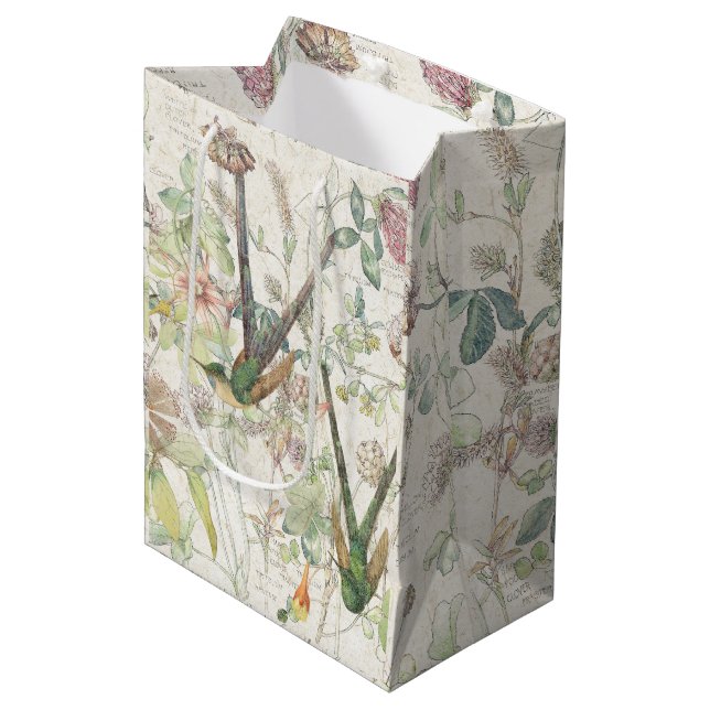 Sac Cadeau Moyen Collage de fleur sauvage de trèfle d'oiseaux de (Devant Angle)