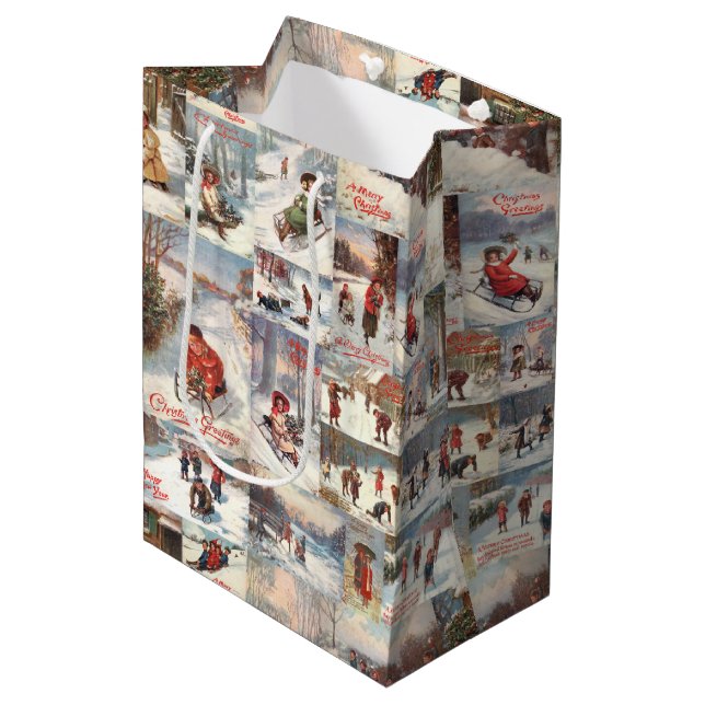 Sac Cadeau Moyen Collage de Noël vintage Winter Fun (Devant Angle)