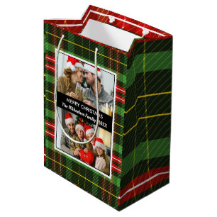 Sac Cadeau Moyen Collage photo Tartan vert Joyeux Noël