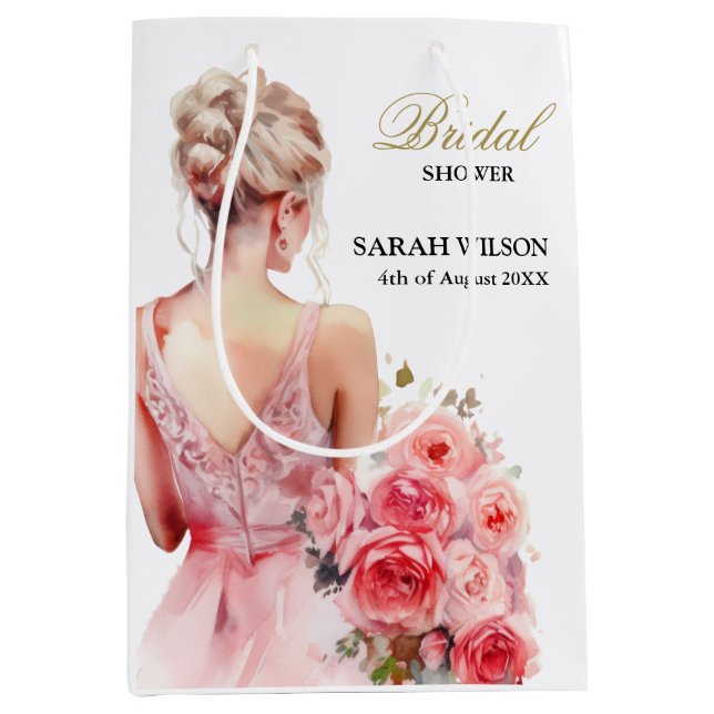 Sac Cadeau Moyen Collection de Mariage d'aquarelle Rose Floral (Devant)