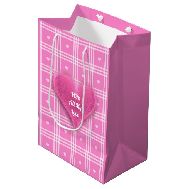 Sac Cadeau Moyen Collection moderne Plaid Pink Heart (Devant Angle)