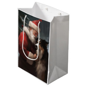 Sac Cadeau Moyen Collie frontalier avec Noël Festif du Père Noël