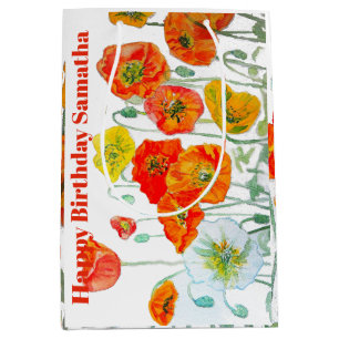 Sac Cadeau Moyen Coquelicot Orange Rouge Fleur Aquarelle Anniversai
