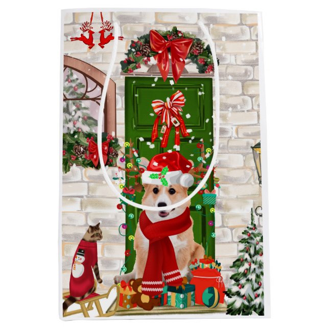 Sac Cadeau Moyen corgi Chien Noël (Devant)