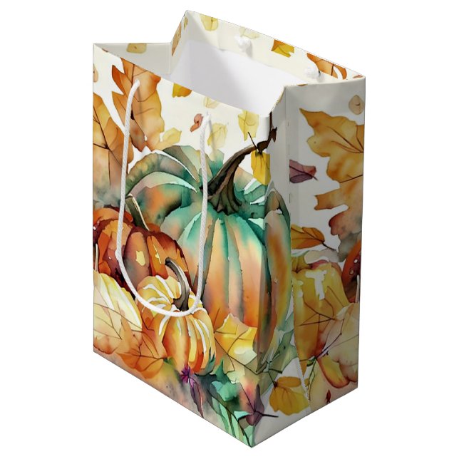 Sac Cadeau Moyen Couleur d'eau colorée citrouilles et feuilles (Devant Angle)