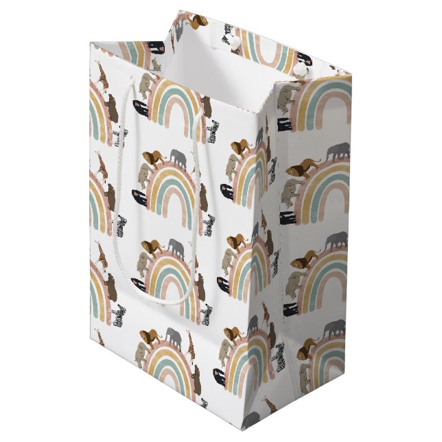 Sac Cadeau Moyen Couleurs de terre Arc-en-ciel Jungle Animaux Motif (Devant Angle)